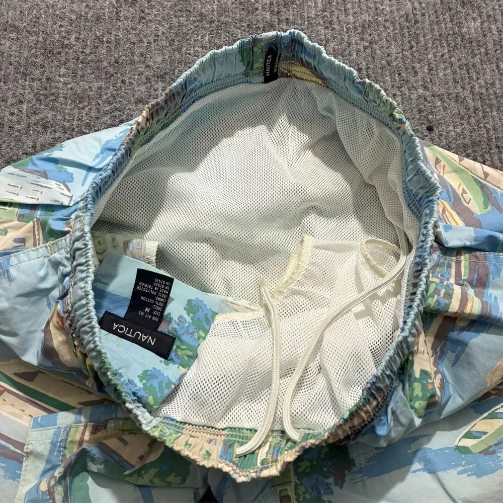 Nautica‎ Mens Swim Shorts Size M Blue Scenic Boat Harbor Print Mesh Lined